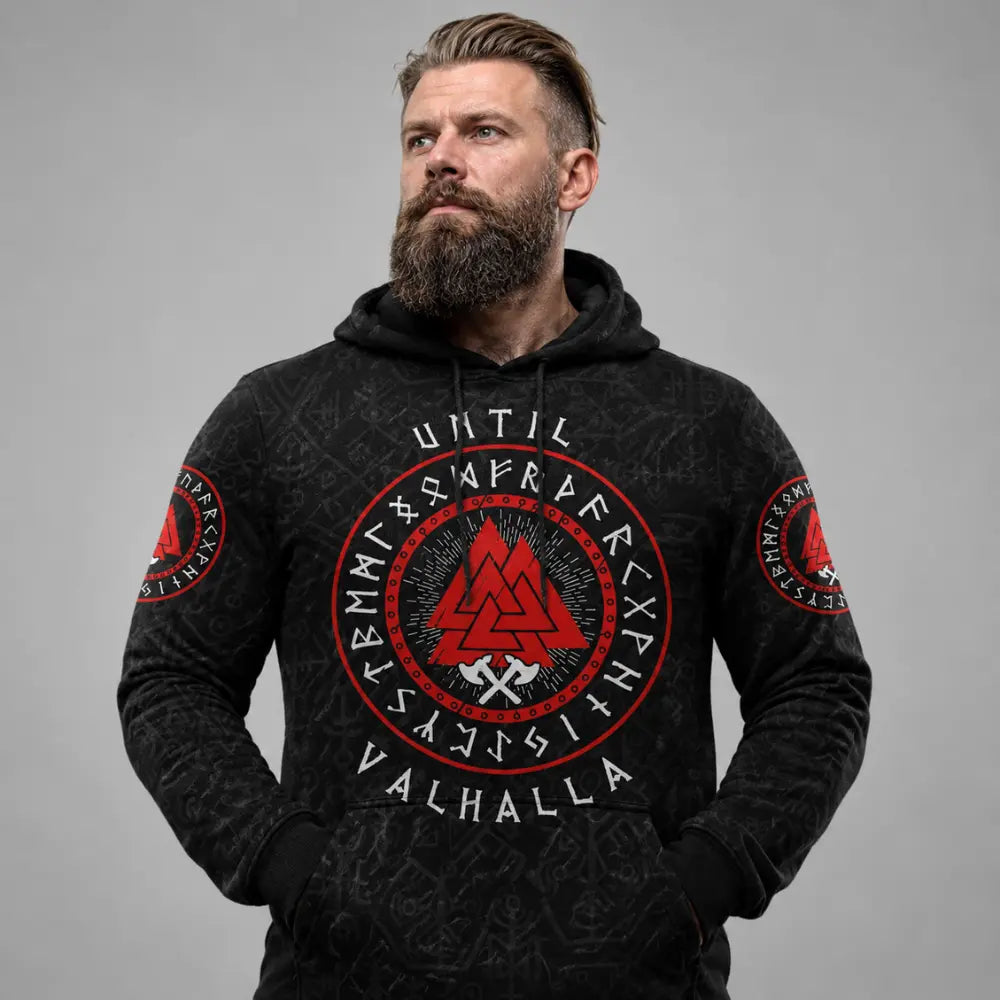 wikinger hoodie until valhalla grauer studio hintergrund mann