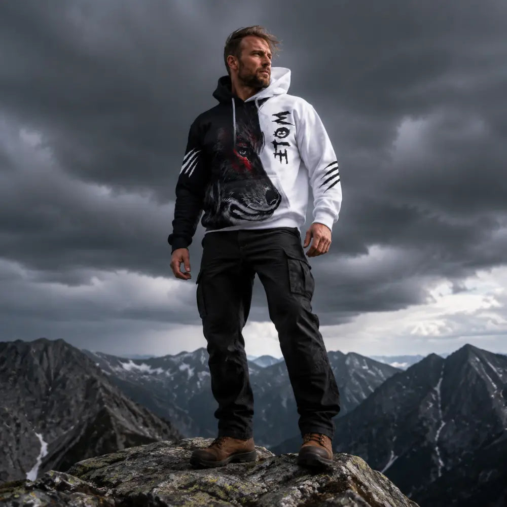 wikinger hoodie wolf berggipfel gewitterhimmel outdoor look