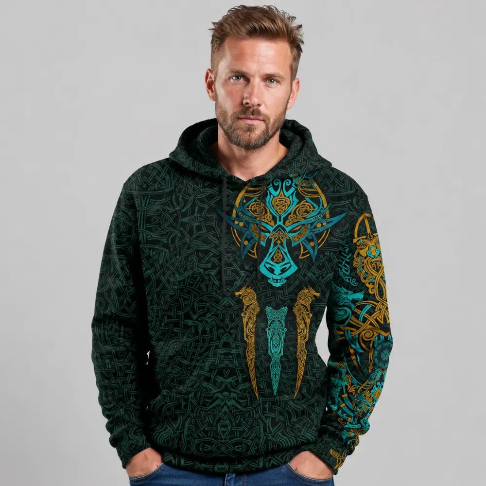 wikinger hoodie wolf fenrir mann gruen studioaufnahme