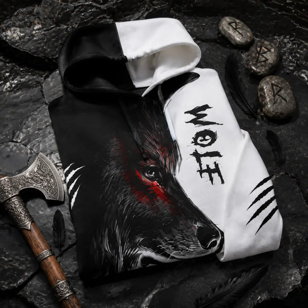 wikinger hoodie wolf flatlay obsidian runen axt styling