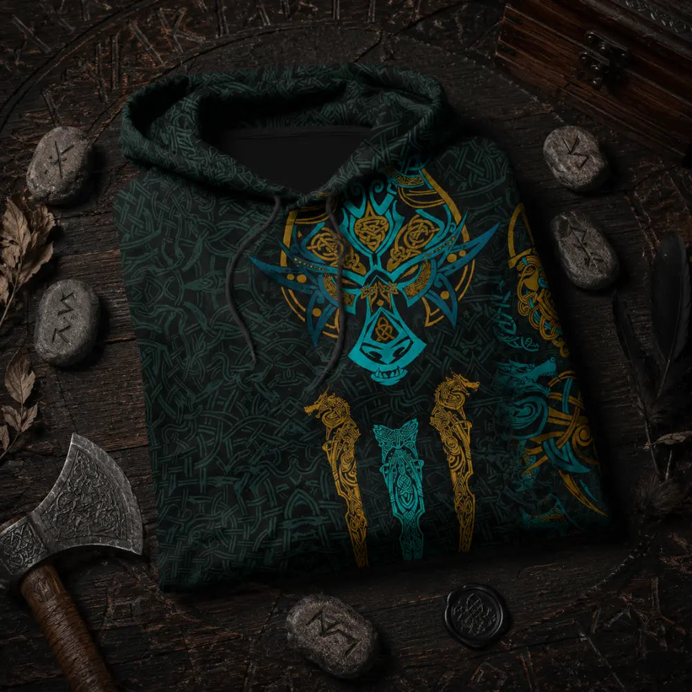 wikinger hoodie wolf flatlay runen holz nordisch