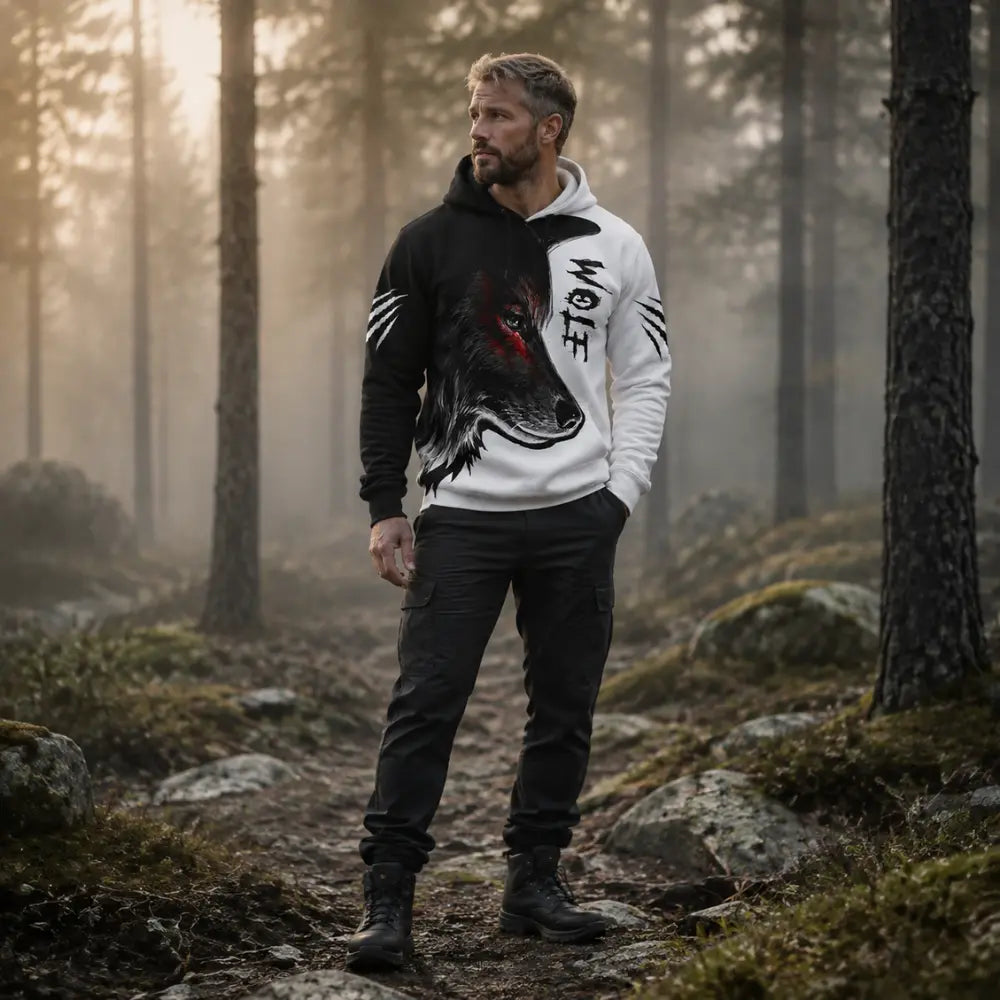 wikinger hoodie wolf morgennebel kiefernwald lifestyle look