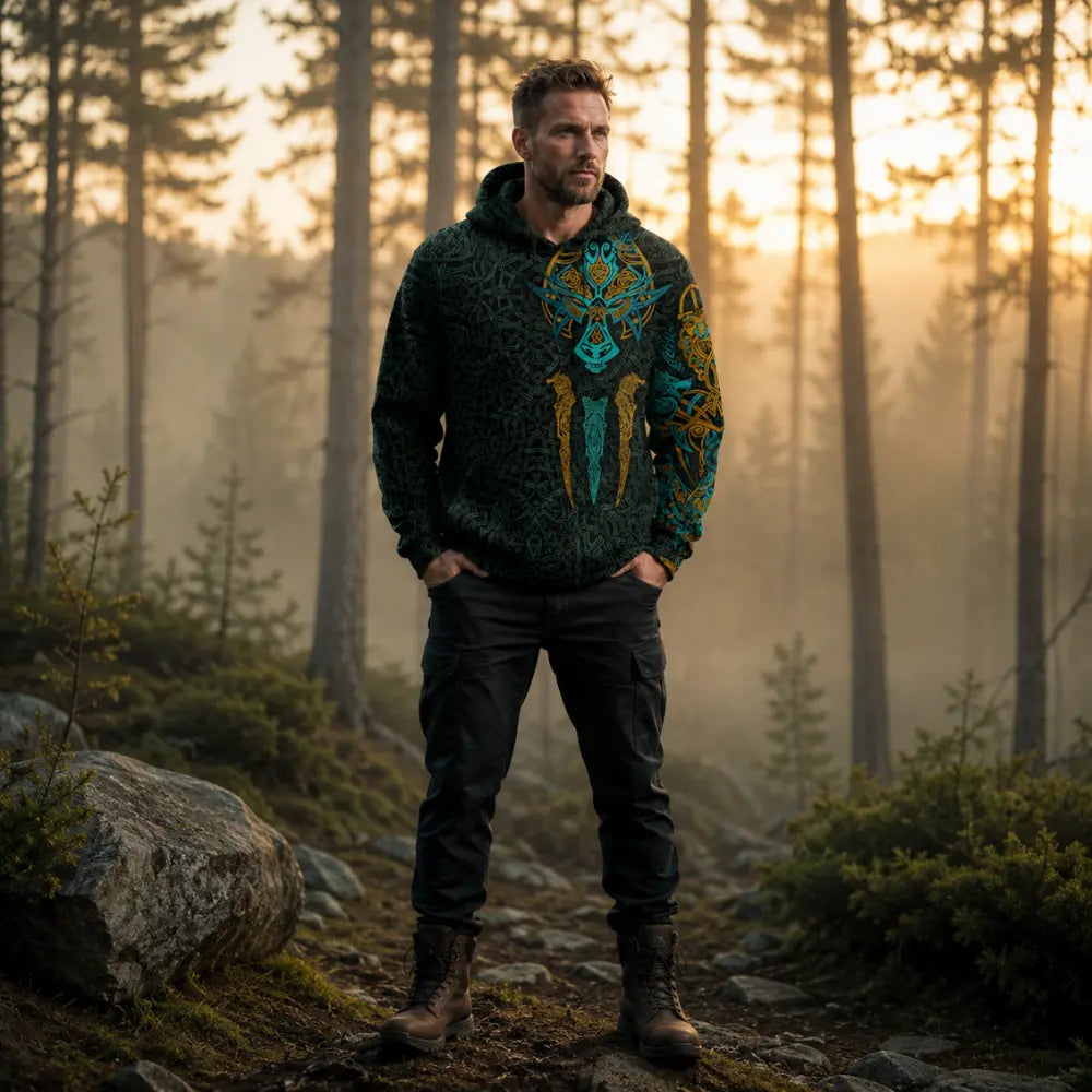wikinger-hoodie wolf nordic mann kiefernwald nebel 