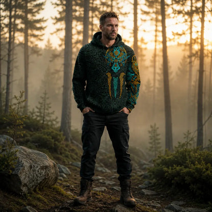wikinger-hoodie wolf nordic mann kiefernwald nebel 