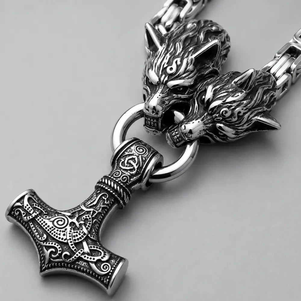 wikinger kette wolf mjolnir silber edelstahl byzantin