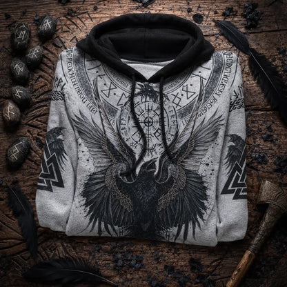 wikinger raben hoodie flatlay runen axt feder holzbrett