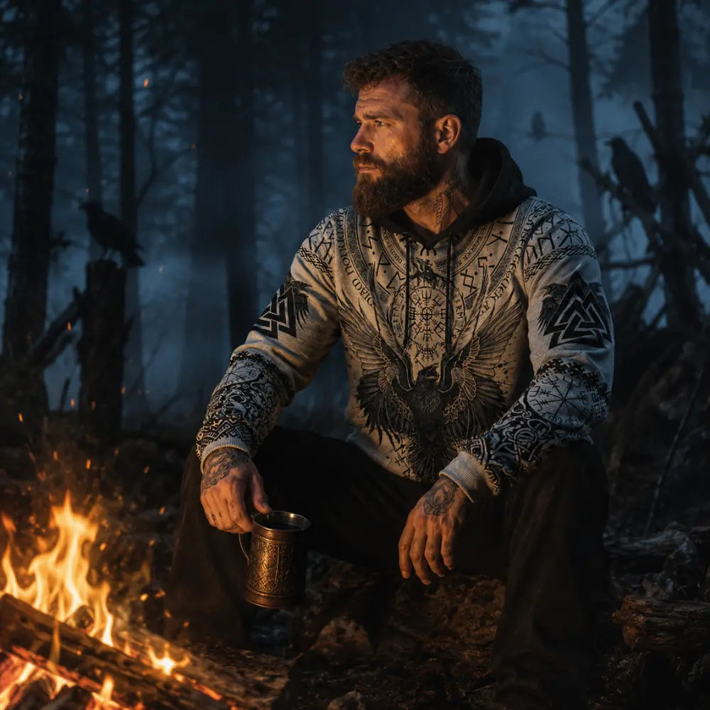wikinger raben hoodie herren am lagerfeuer im nebelwald nachts