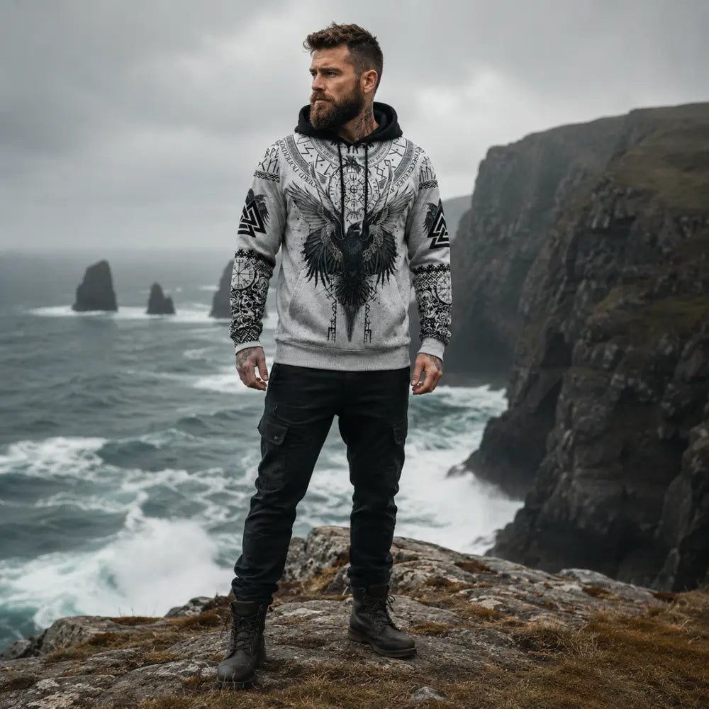 wikinger raben hoodie herren an steiler felsenkueste nordisch 