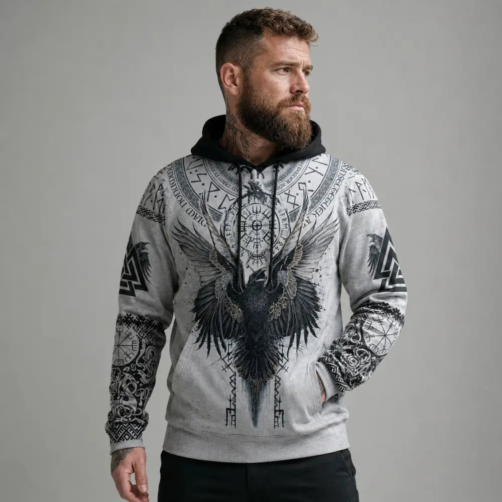 wikinger raben hoodie herren grauer pullove studiofoto
