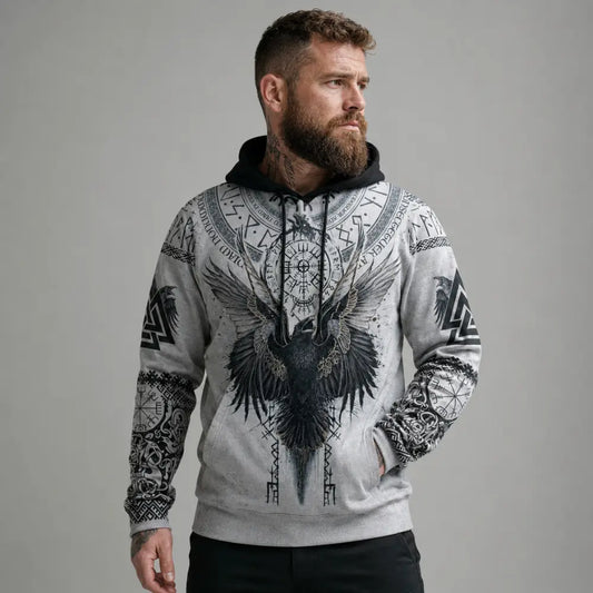 wikinger raben hoodie herren grauer pullove studiofoto
