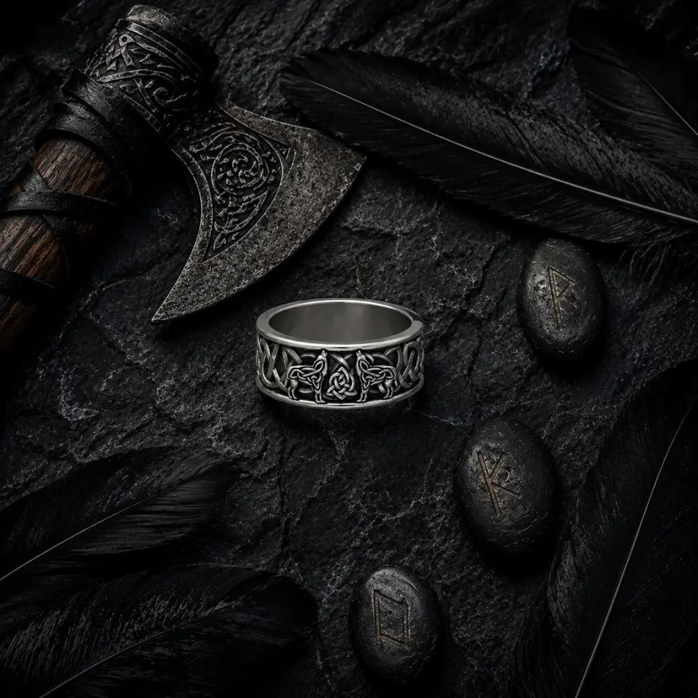 wikinger ring flatlay runen rabenfedern obsidian deko