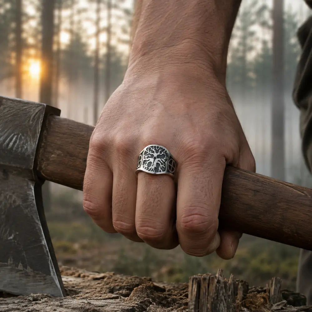 wikinger ring getragen hand axt nebelwald morgendaemmerung