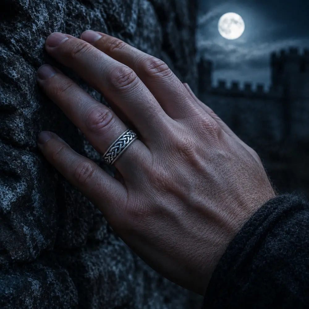 wikinger ring getragen hand festungsmauer vollmond