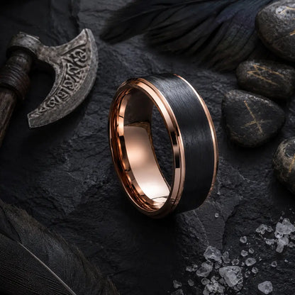 wikinger ring schwarz rosegold flatlay runen rabenfedern obsidian