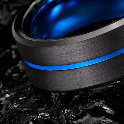 wikinger ring tungsten blaue rille makro detail obsidian 