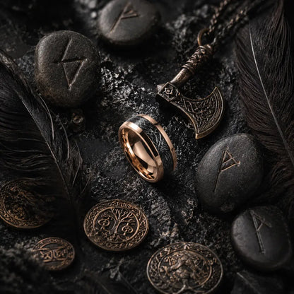 wikinger-ring tungsten flatlay runen rabenfedern obsidian stein 