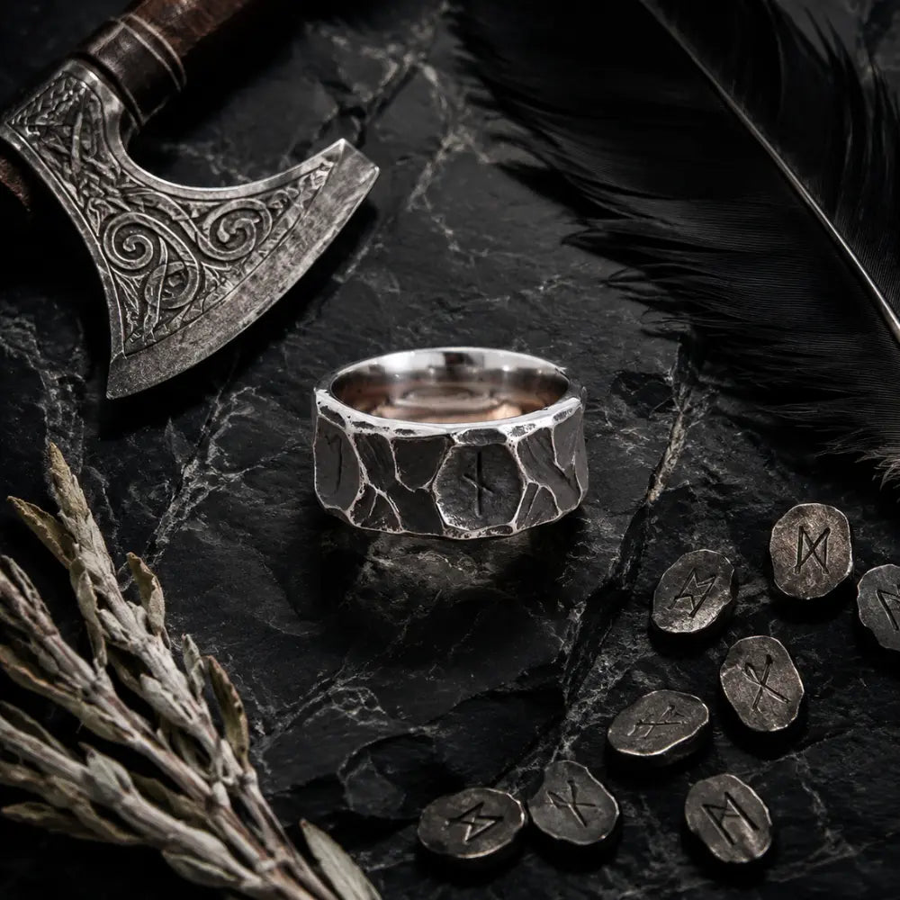 wikinger runen ring flatlay obsidian nordische props
