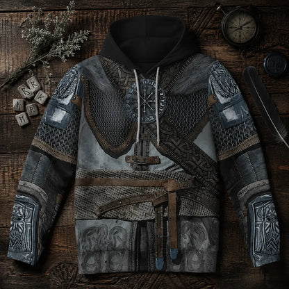 wikinger rüstung hoodie flatlay runen holz props