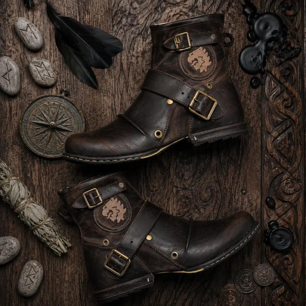 wikingerstiefel flatlay runensteine ravens holz wikinger props