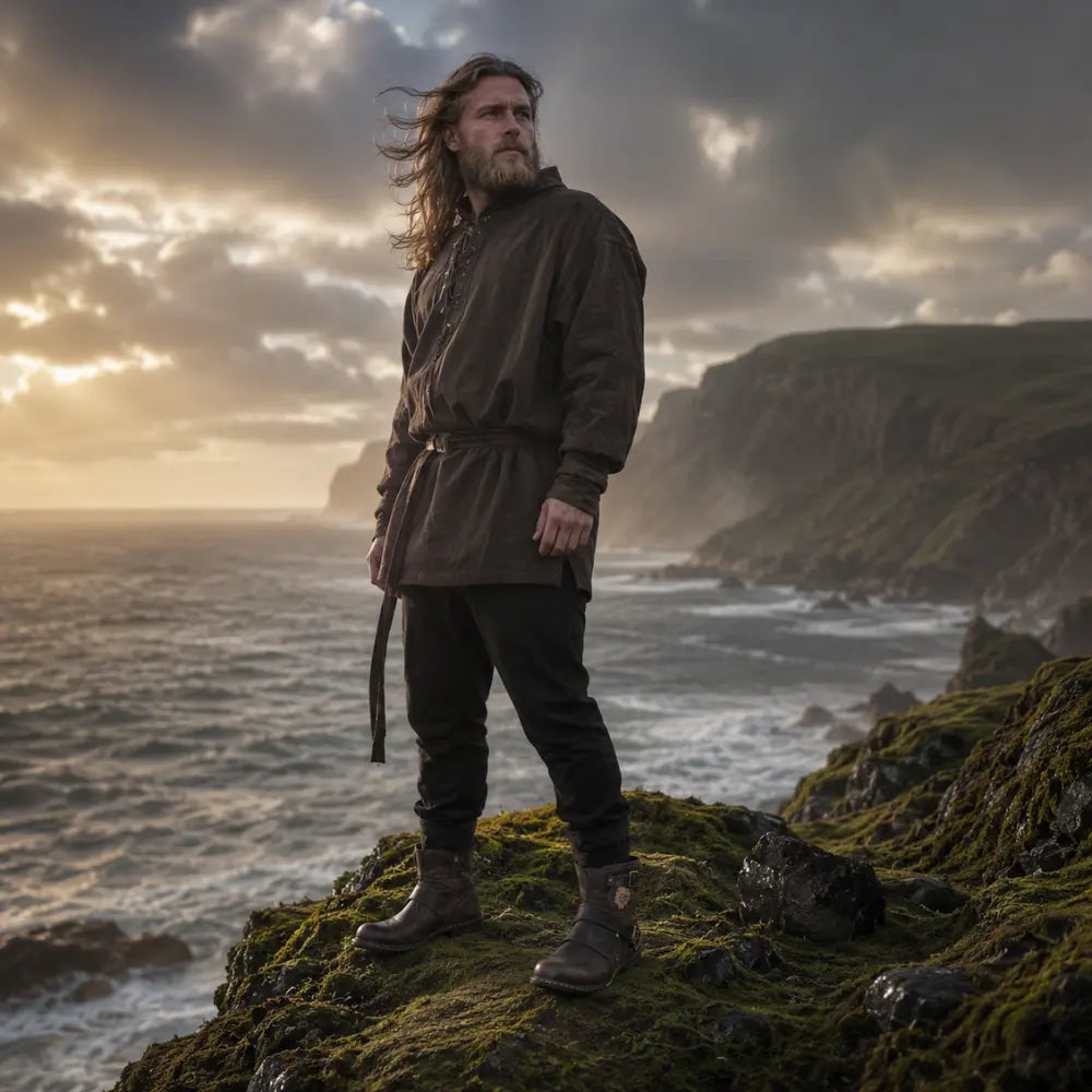 wikingerstiefel herren getragen nordische kustenlandschaft dramatisch 