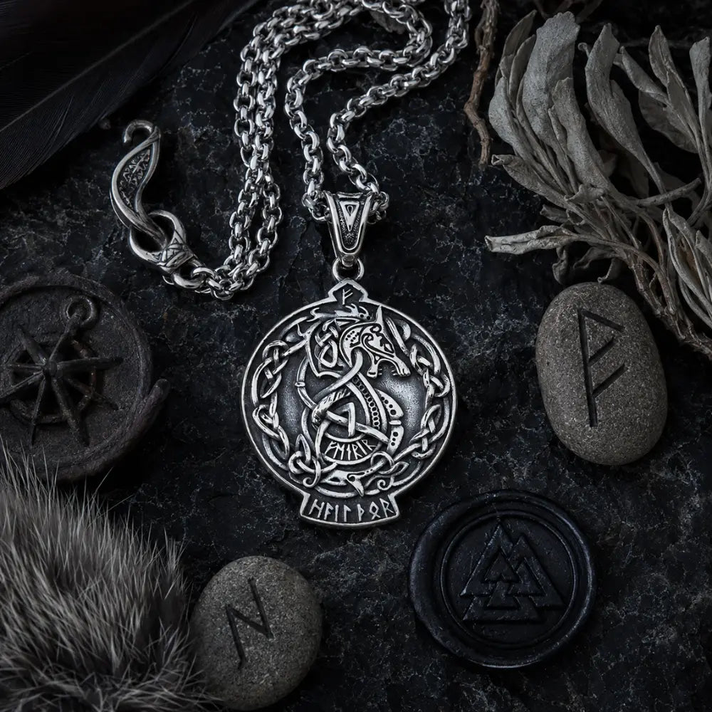wolf kette flatlay runen obsidian norse props