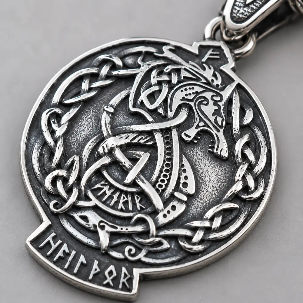 wolf kette runen gravur makro silber detail