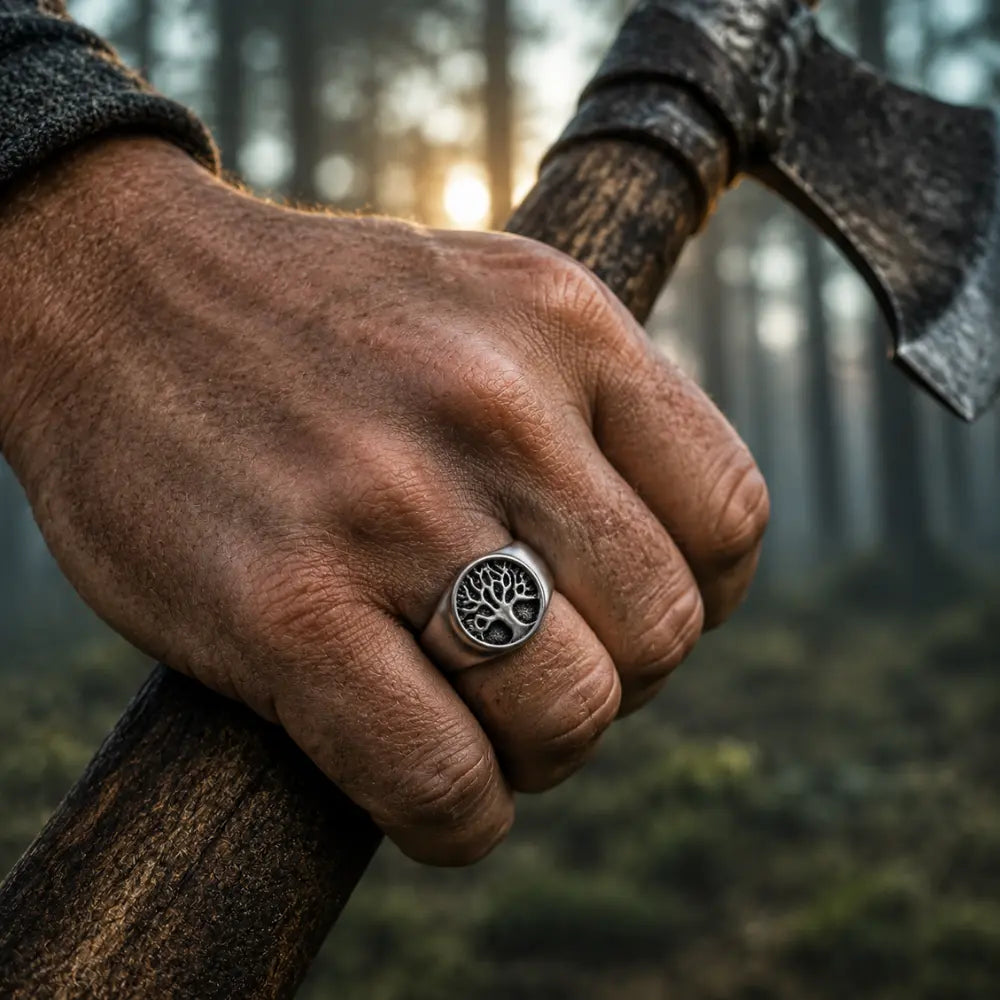yggdrasil ring getragen axt nebelwald morgenlicht