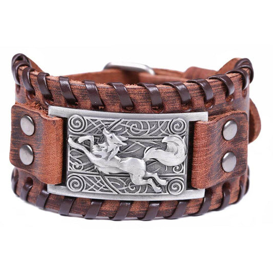 Braun Wikinger Armband mit Wolf