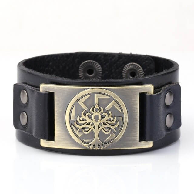 Wikinger Lederarmband mit Yggdrasil und Kolovrat